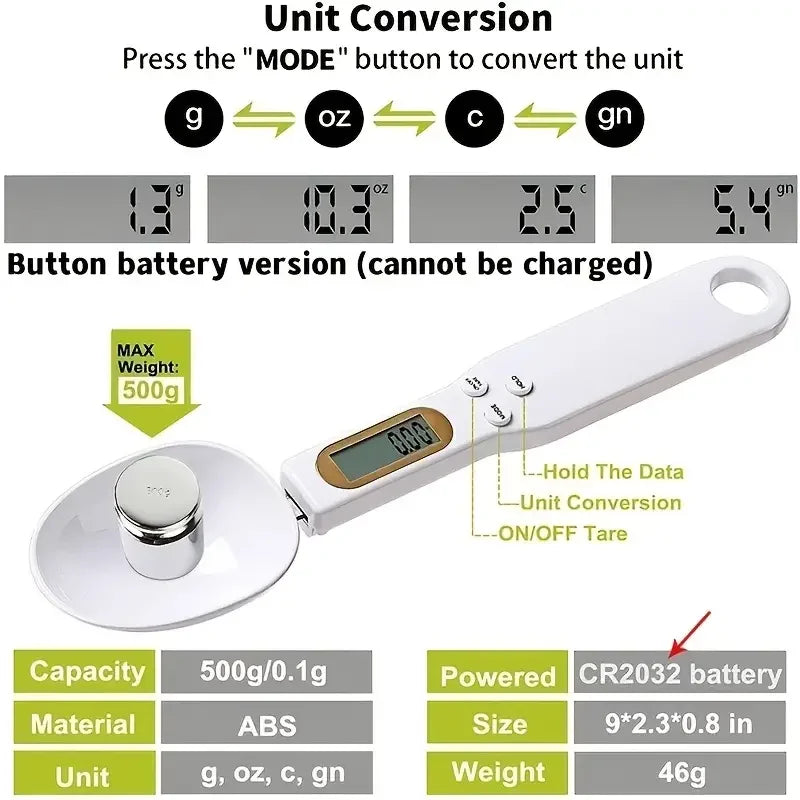 Digital Kitchen Spoon Scale – Precision 500g/0.1g LCD Measuring Tool for Cooking, Baking, Milk & Coffee.